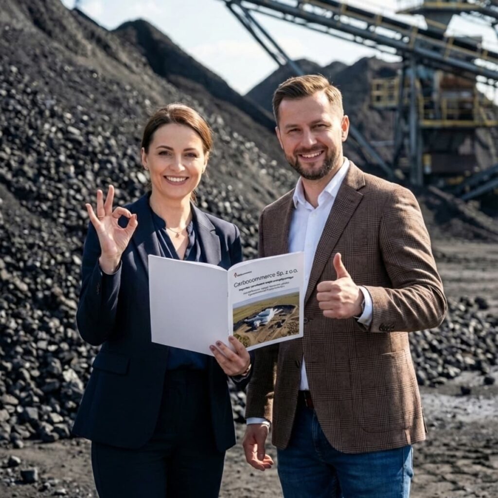 Kobieta i mężczyzna trzymają folder firmowy Carbocommerce na tle hałd węgla i instalacji przeróbczej