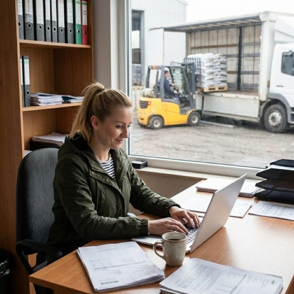 Kobieta pracuje przy laptopie w biurze, w tle przez okno widać wózek widłowy ładujący paletę węgla na ciężarówkę