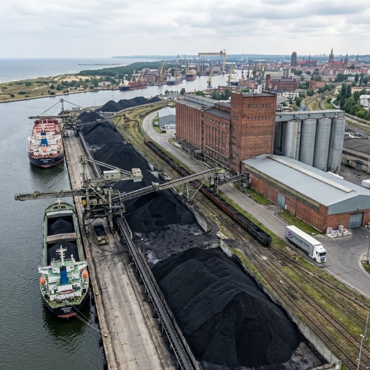 Zdjęcie lotnicze portu przeładunkowego węgla ze statkami, dźwigami, silosami i panoramą miasta w tle